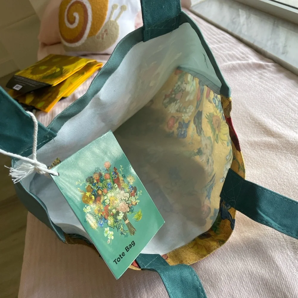 Van Gogh Floral Fabric Tote Bag with Green Handles